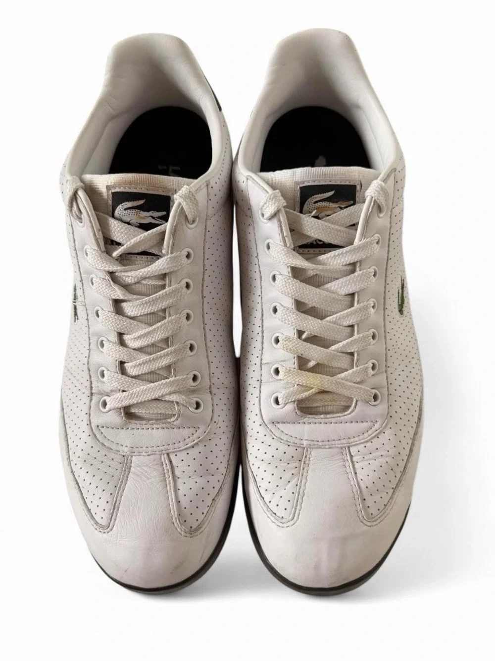 Lacoste Men’s White Leather Perforated Sneaker with Black Heel Men’s 12